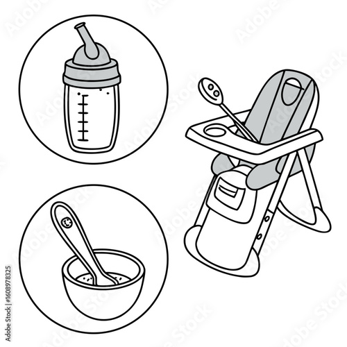 Baby feeding essentials with sippy cup spoon and highchair vector