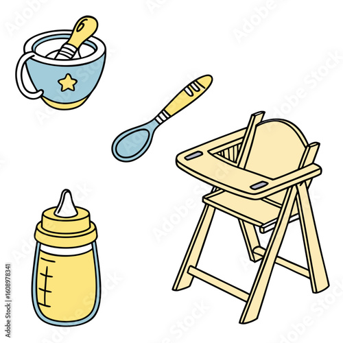 Baby feeding items including bottle sippy cup spoon and highchair vector