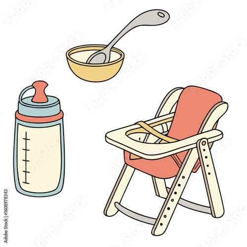Baby feeding items including highchair sippy cup and bowl with spoon vector