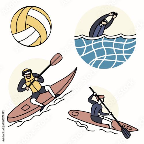 Beach volleyball kayaking swimming paddleboarding water sports vector