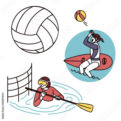 Beach volleyball and water sports icons snorkeling paddleboarding