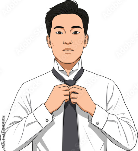 An illustration of a man putting on a tie.
