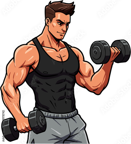 A muscular person exercising with dumbbells.