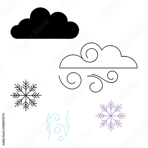 Black cloud wind snowflake purple snowflake blue precipitation weather icons