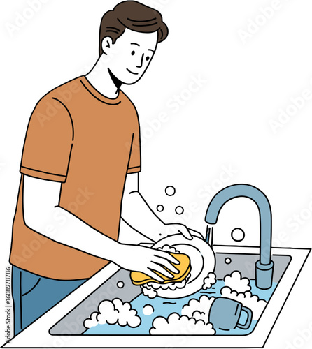 A man washes dishes at the sink.