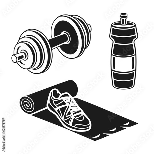 Black dumbbell yoga mat and water bottle fitness icons exercise
