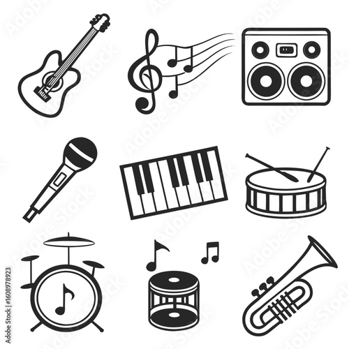 Black musical instruments and notes icons guitar treble clef