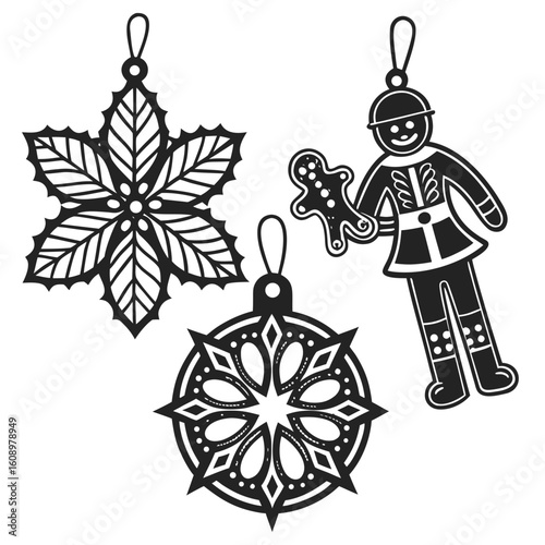 Black ornaments featuring a poinsettia snowflake gingerbread man and ornate bauble