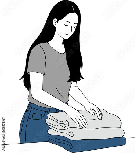 A woman neatly folding a stack of clothes.