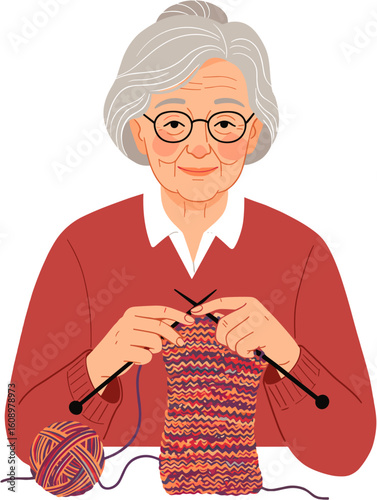 An elderly woman knitting, focusing on her craft, and embracing the joy of creation.