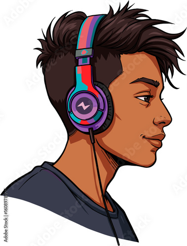 A young individual wearing colorful headphones is lost in music.