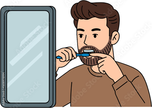 A man is brushing his teeth in front of the mirror.
