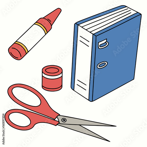 Blue binder red scissors red crayon red tape dispenser vector