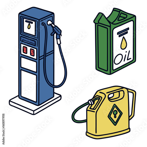 Blue gas pump green oil can yellow fuel container gas station fuel pump