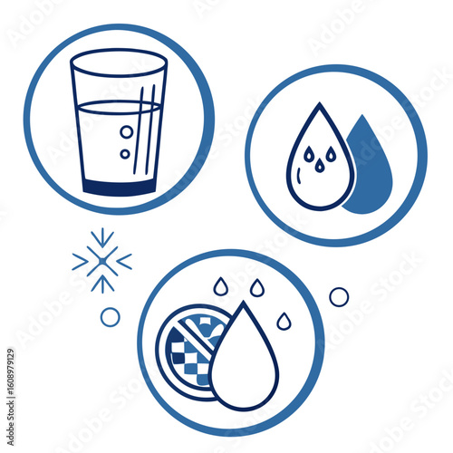 Blue hydration icons with water glass droplets and snowflake vector
