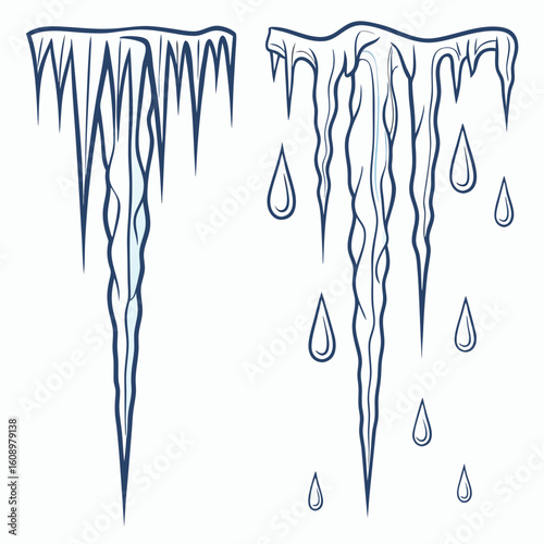 Blue icicles and water drops on white frozen drip