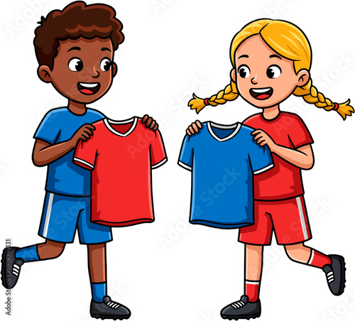 Two young people holding sports uniforms.
