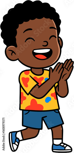 A cheerful young boy joyfully clapping his hands.