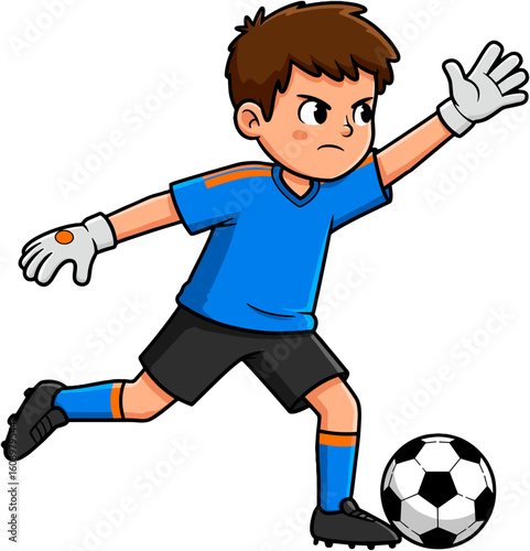A determined soccer goalie about to block the ball.