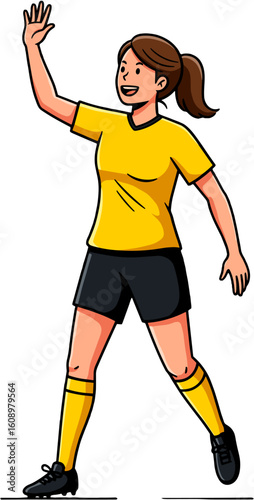 A female soccer referee waving her hand.