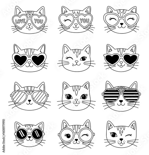 Cute Cat Faces with Trendy and Funny Glasses in Hand Drawn Style