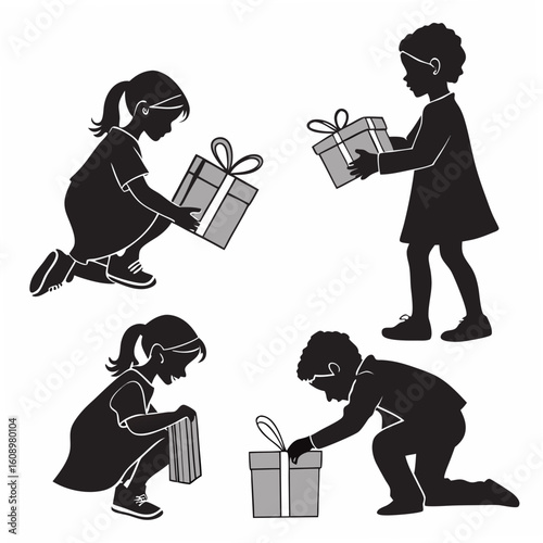 Children opening gifts silhouettes black