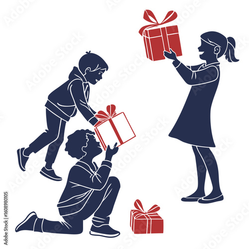 Children exchanging gifts silhouettes opening
