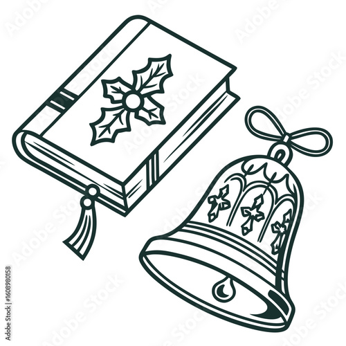 Christmas hymn book and bell with holly and ribbon vector