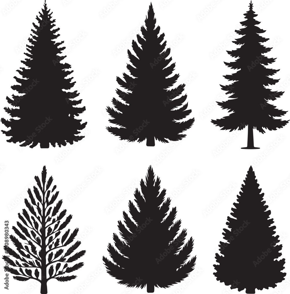Obraz premium Classic Christmas Fir Trees Silhouette Set – Black Pine Tree Shapes on White BackgroundClassic Christmas Fir Trees Silhouette Set – Black Pine Tree Shapes on White Background