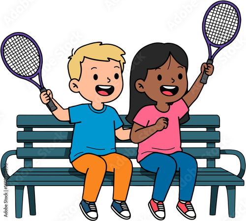 Two happy kids showing tennis rackets while sitting on a bench.