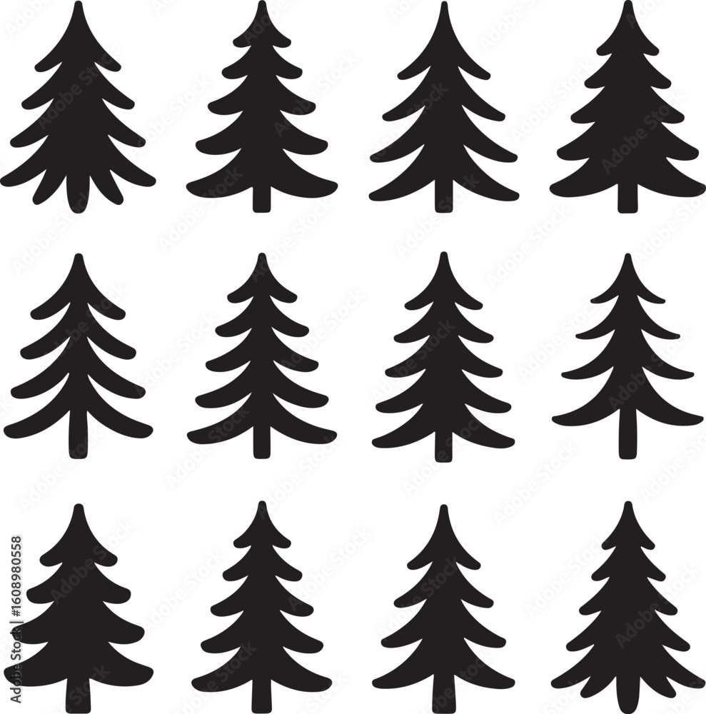Obraz premium Stylized Holiday Tree Silhouettes – Minimal Fir and Spruce Shapes for Christmas DecorStylized Holiday Tree Silhouettes – Minimal Fir and Spruce Shapes for Christmas Decor