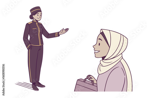 A formally dressed hotel concierge in uniform gestures welcomingly towards a smiling young woman wearing a hijab and holding a handbag