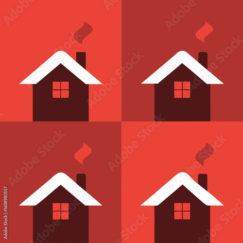 Cozy cabin with snow on roof and smoke from chimney house home