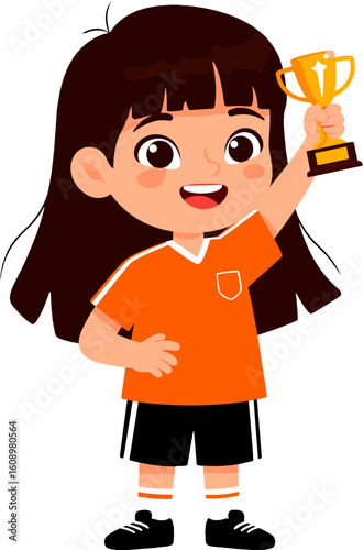 A happy girl holding a golden trophy, full of joy.