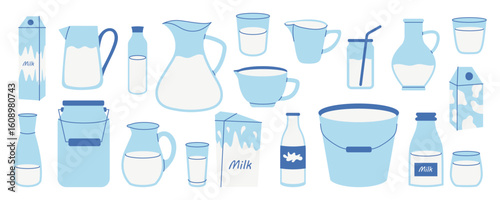 Collection of milk in different containers. Includes bottle, glass cup, carton, jug, bucket. Suitable for dairy branding, packaging. National Dairy Month.