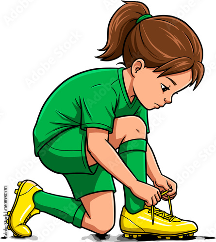 A young girl tying her shoe laces preparing for the soccer match.