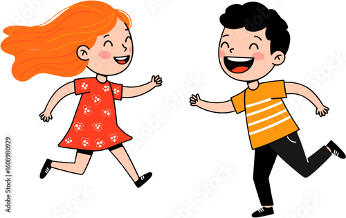 Illustration of a happy girl and boy playing together.