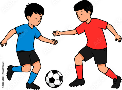 Two boys playing soccer in an energetic and dynamic display.