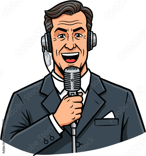 A professional man in a suit speaking into a retro microphone.