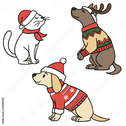 Festive animals wearing holiday costumes bear christmas