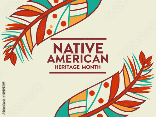 Native American Heritage Month banner with colorful feathers and beige background for social media and print materials