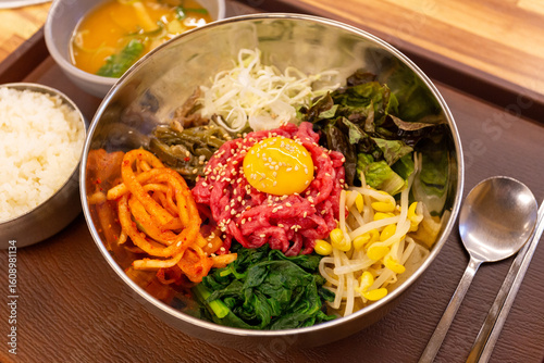 Korean traditional food. Beef Tartare Bibimbap