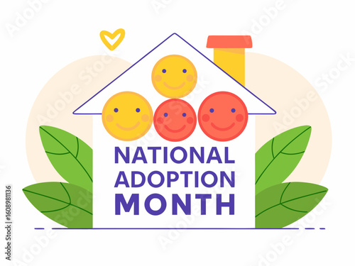 National Adoption Month illustration with happy faces in a house shape and leaves decoration