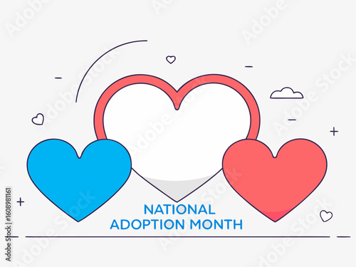 National Adoption Month Illustration with Hearts in Blue and Red Colors and Decorative Elements on White Background