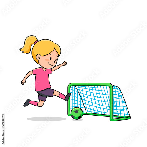 Young girl kicking soccer ball into goal.