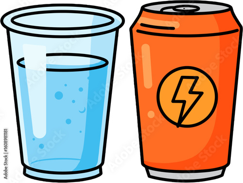 A refreshing illustration featuring a glass of water and an energy drink can.