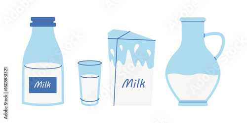 Milk set. Milk in a bottle, glass, carton, jug. Dairy products. Vector illustration.