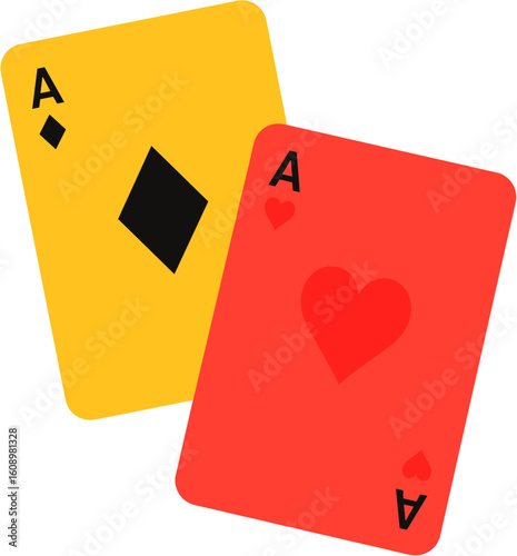 Two playing cards displaying the ace of diamonds and the ace of hearts.