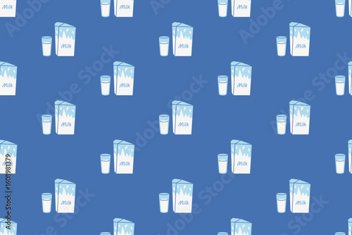 Seamless pattern with milk. Cow milk carton and glass. World Milk Day. June 1. Dairy product for healthy eating. Vector illustration.