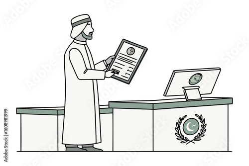 Illustrative depiction of a distinguished arab man in traditional attire proudly presenting a framed certificate of achievement at his office desk